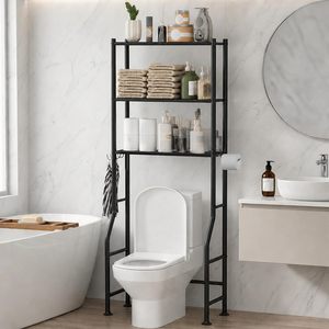Étagère de rangement métallique à 3 niveaux anti-basculement pour toilettes, avec porte-papier et 4 crochets, organisateur de salle de bain peu encombrant, étagère utilitaire - Product Image 1