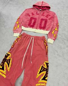 Tùy Chỉnh Quần Bó <span class=keywords><strong>S</strong></span>át Và Áo Thiết Lập Y2K Cổ Điển Thêu Tracksuit Thiết Lập Tùy Chỉnh Enzyme Rửa Quá Khổ Cắt Zip up Hoodie Bộ - Product Image 1