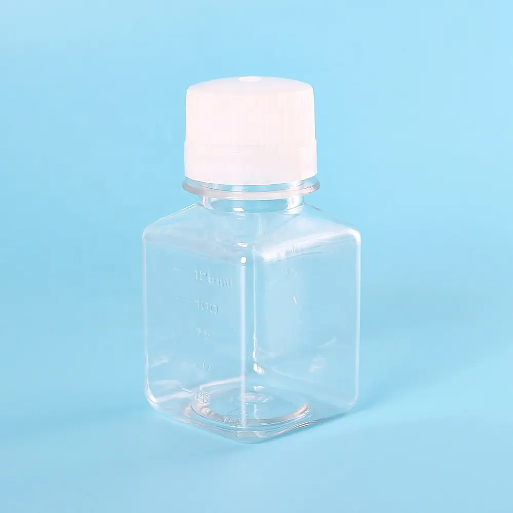 Botella de reactivo bioquímico transparente, frasco de cultivo celular, 125ml, 500ml, plástico, grabado, tapa de medicina líquida con cepillo, 100 Uds.