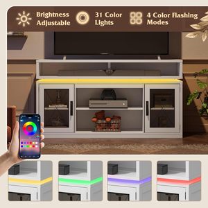 White Farmhouse <strong>TV</strong> <strong>Stand</strong> for 65 Inch <strong>TVs</strong>, <strong>Tall</strong> Console with LED Lights, Entertainment Center for Living Room &amp; Home Theater - Product Image 3