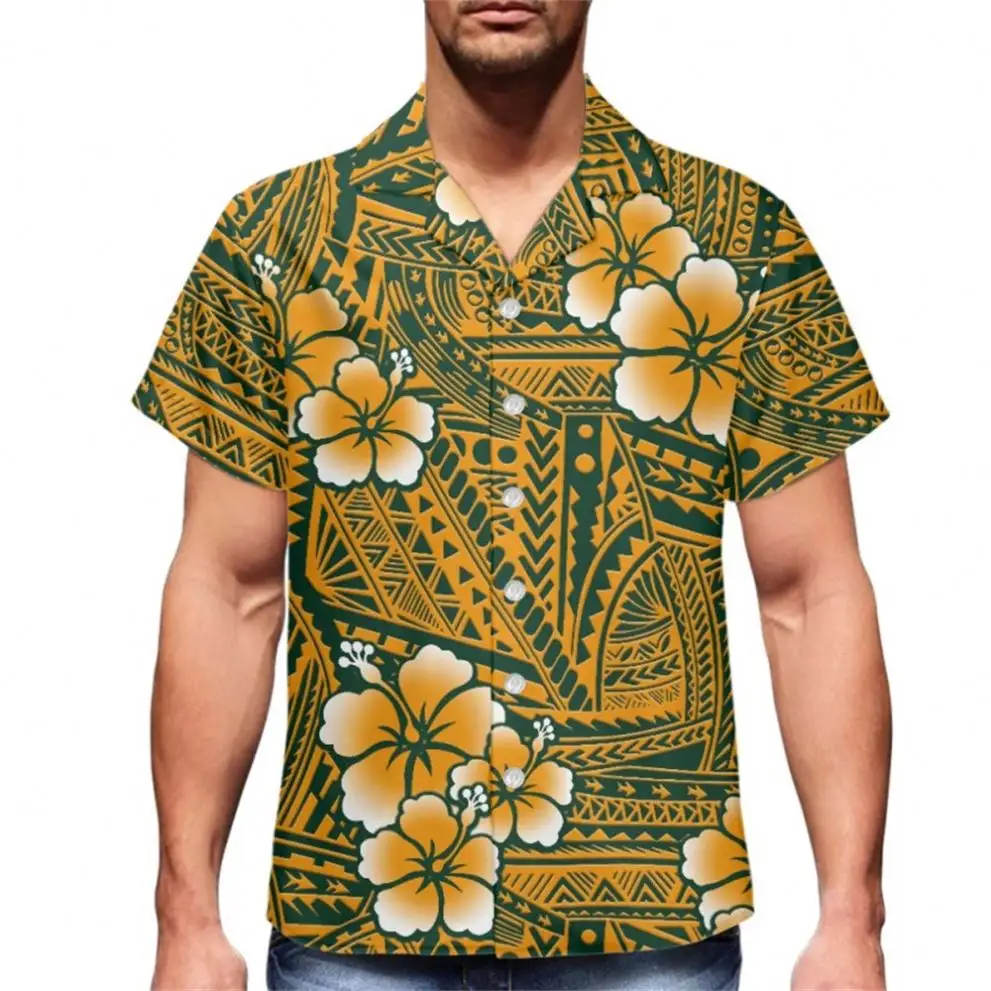 पॉलिनेशियन जनजातीय फिजी टोंगा पीला फूल 2024 प्रिंट कस्टम पुरुष बॉलिंग शर्ट पुरुष शर्ट आस्तीन बटन ऊपर