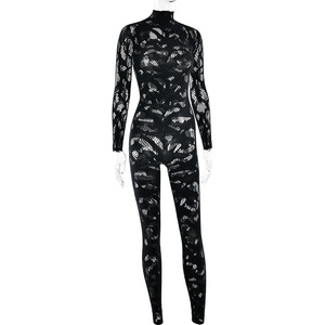 <span class=keywords><strong>Tuta</strong></span> Intera <span class=keywords><strong>Aderente</strong></span> a Collo Alto con Maniche Lunghe in Pizzo Nero, Elasticizzata e Casual per Donne - Product Image 5