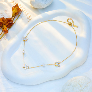 Butterfly Pendant Necklace Gold Stainless Steel Pearl Chain Elegant Collarbone Jewelry Gift For Women - Product Image 3