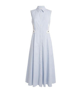 Robe d'été à rayures bleues pour femmes, brodée d'une ligne A décontractée, 100% coton, revers, robe midi sans manches boutonnée avec fleurs creuses - Product Image 6