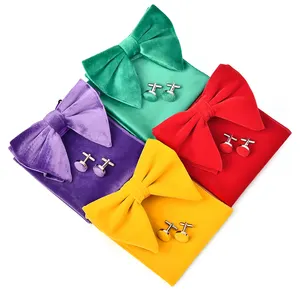 Solid Plain Multicolor Tuxedo Gift Sets Pocket Square Cufflink Velvet Bow Tie with Gift Box package