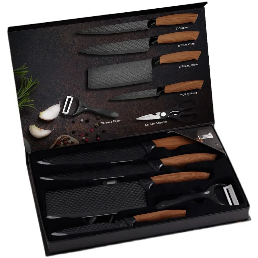 Sıcak satış mutfak bıçağı aksesuarları ahşap tahıl desen mutfak bıçakları paslanmaz çelik bıçak takımı mutfak için