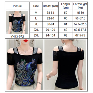 Top di Lusso con Strass, Spalle Scoperte, Motivo Floreale Blu Pavone su Rete Traspirante, <span class=keywords><strong>Maglietta</strong></span> a Maniche Corte per Feste - Product Image 6