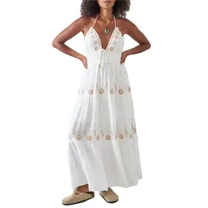 Vestido estético de playa 2000S Mujeres Flor Bordado Correa de espagueti Sin mangas Vestidos sin espalda Vestidos de fiesta bohemios - Product Image 1