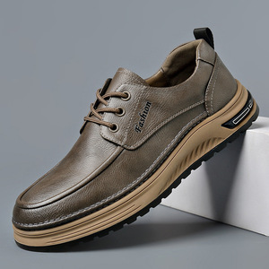 รองเท้าหนังลำลองสำหรับผู้ชายสีน้ำตาลส้นเตี้ยเชือกผูกด้านหน้าสีทึบแฟชั่นอเนกประสงค์สวมใส่ได้ในฤดูใบไม้ผลิฤดูใบไม้ร่วง - Product Image 1