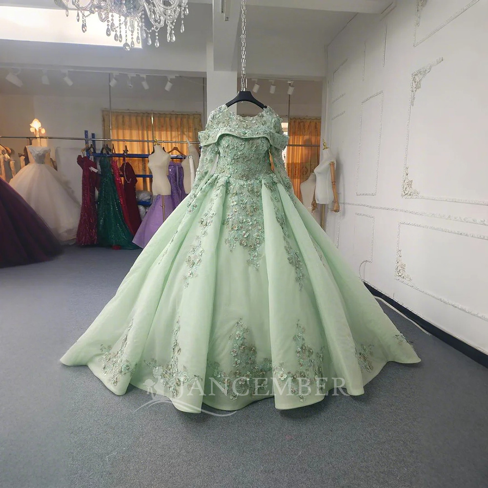 Jancember ANY23 Muslim Long Sleeve Green Evening Party Quinceanera Dress  With Train| Alibaba.com