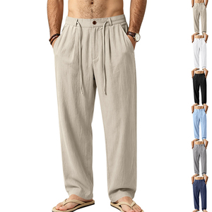 Pantalon décontracté en lin pour homme, coupe ample, jambe droite, respirant, long, idéal pour les voyages estivaux - Product Image 1