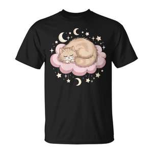 Camiseta con diseño de gato escapista y fantasioso durmiendo en una nube, divertida y ligeramente trágica, diseño promocional - Product Image 1
