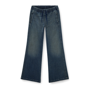 Jeans en denim évasé pour hommes, taille basse, avec cordon élastique, logo personnalisé, en coton recyclé, délavé dégradé, vente en gros - Product Image 3