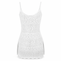 Robe courte femme en crochet ajouré à col rond, bretelles spaghetti, ourlet festonné, fente latérale, cache-maillot de plage