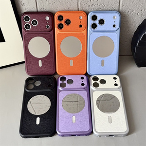 เคสโทรศัพท์หนังแท้แบบกระจกแม่เหล็กสำหรับ iPhone 18 17 16 15 14 Pro Max ลายเส้นวงกลมนีออนแบบนูน - Product Image 1