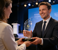 Trophée en acrylique de qualité supérieure |   Logo gravé en or UV |   Sommets Internationaux d'Innovation des Entreprises : Prix Eco-responsable pour les Entreprises