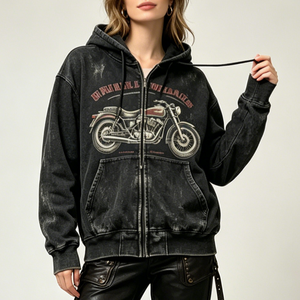 Sweat-shirts personnalisés pour femmes, d'été, tricotés, 100% coton, imprimé moto vintage, respirants, lavés, coupe oversize, zippés, style streetwear, vente en gros - Product Image 2