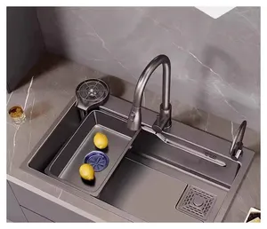 Hot Selling Rectangular 304 Stainless Steel Single Bowl Handmade Smart Waterfall Multi Function Kitchen Sink