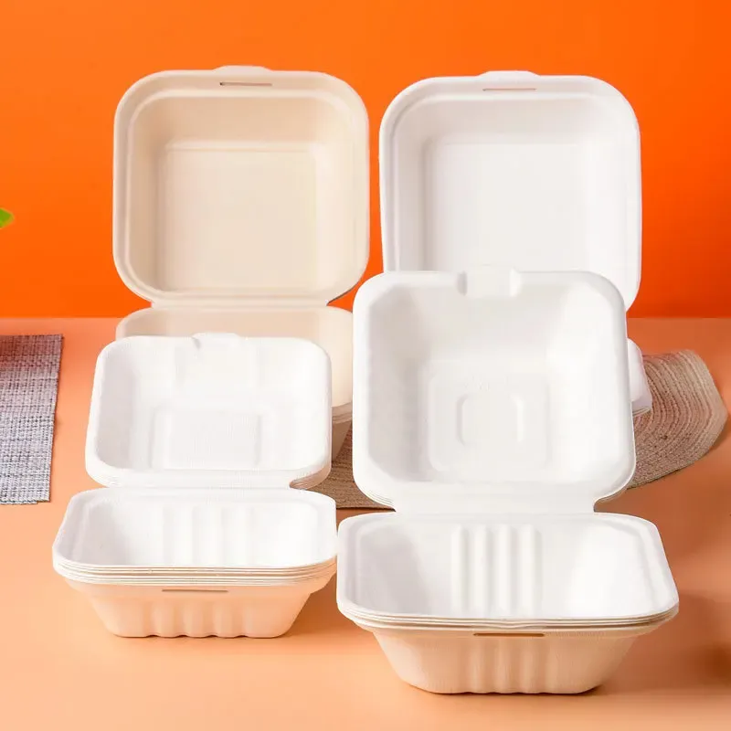 Restoran Microwavable kapaklı Bagasse hamuru tek kullanımlık Fast Food ambalaj paket Burger kutusu