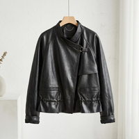 Veste en cuir de mouton noir vintage pour femme, col montant, patte de boutonnage asymétrique, veste courte en véritable peau de mouton avec poches
