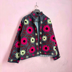 Bohemian Gray <b>Velvet</b> Embroidered Suzani <b>Jacket</b> With Floral Pattern Full Sleeve Stand Collar Handmade Autumn Outerwear - Product Image 1