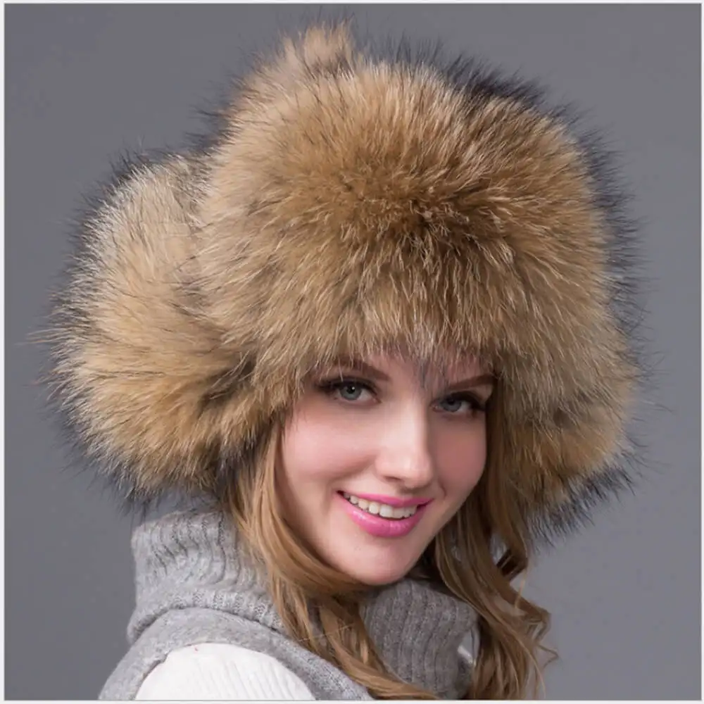 Chapéu de pele de guaxinim feminino, chapéu personalizado autêntico ushanka pom pom pom russo para mulheres