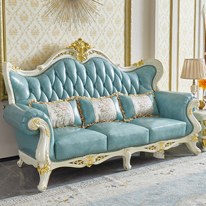 Ensemble de canapés de salon de style européen de luxe, en cuir véritable, meubles de villa royale française, <span class=keywords><strong>suite</strong></span> de canapés en bois massif - Product Image 2