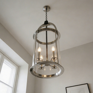 <span class=keywords><strong>Lustre</strong></span> suspendu en laiton nickelé poli XZ, 4 lumières, <span class=keywords><strong>cage</strong></span> en verre transparent, avec cordon en cuir tressé et poignée en cuir - Product Image 1
