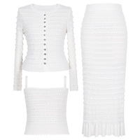 Nouvelle Collection 2026 : Ensemble Tricoté Tendance pour Femme avec Strass Thermocollés, Luxe Scintillant, Idéal Soirée et Célébrité, Jupe et Trois Pièces