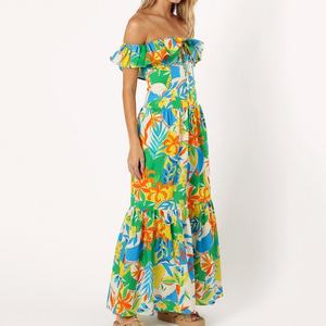 Robe longue à imprimé plage, col en V à volants, taille nouée, robe maxi en lin et coton de haute qualité personnalisée - Product Image 3