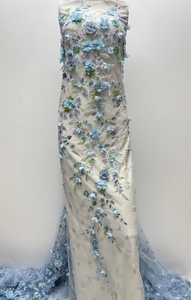 Tessuto in Tulle Pesante Nigeriano con Fiori <span class=keywords><strong>Blu</strong></span> Scintillanti, <span class=keywords><strong>Paillettes</strong></span> e Perline Ricamate, Larghezza 125 cm, per Abiti da Sposa - Product Image 2