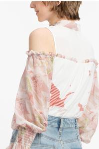 Épaules décontracté rose noeud volants à volants trompette manches en mousseline de soie chemisiers pour femmes tops - Product Image 3