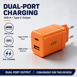 Cargador de Pared de 45W con Doble Puerto A+C, Enchufe Europeo, Carga Rápida PD PPS para Teléfono Móvil y Tableta, Naranja - Product Image 2