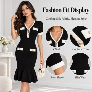Vestido Midi <span class=keywords><strong>de</strong></span> Punto con Cuello en V y Bloques <span class=keywords><strong>de</strong></span> Color Estilo Francés para Mujer, Manga Corta, Cintura Ajustada, Elegante para Verano, Venta al por Mayor OEM ODM - Product Image 2