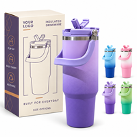 Bouteille isotherme en acier inoxydable dégradé de 30 oz avec couvercle à paille rabattable, double paroi sous vide et poignée pliable pour usage extérieur – Vente en gros