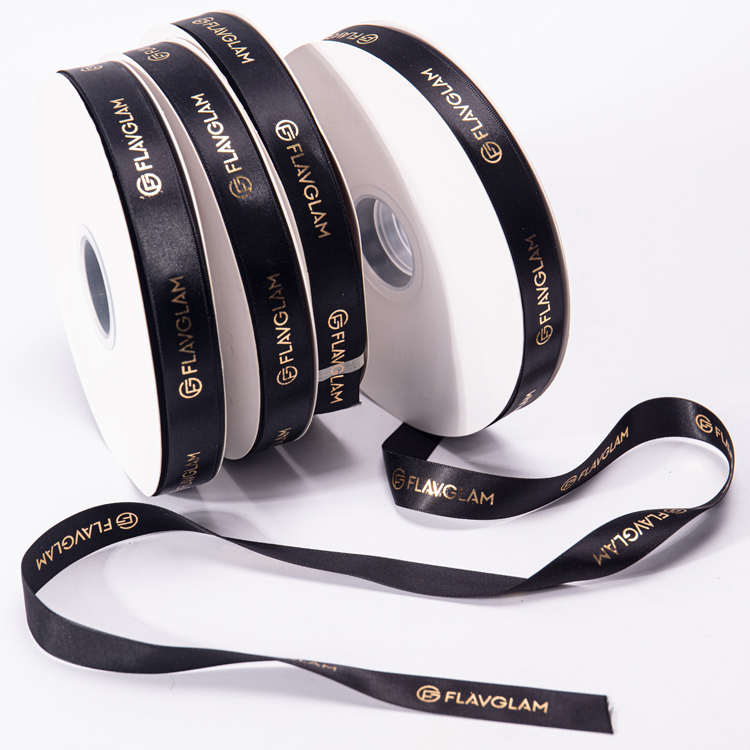 Factory Custom Personalised Grosgrain Velvet Ribbon Brand Name Logo Black Satin Ribbon Tape With Gold Foil Printed Logo Image 2