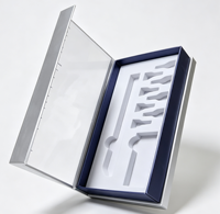 Boîte cadeau rigide personnalisée en carton avec fenêtre longue, impression ligne moléculaire dorée et insert en mousse EVA pour kit d'instruments de précision