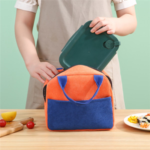 Corduroy Insulated <b>Lunch</b> <b>Bag</b> Color Blocked Thickened Waterproof <b>Tote</b> For Work School Travel Outdoor Camping - Product Image 3