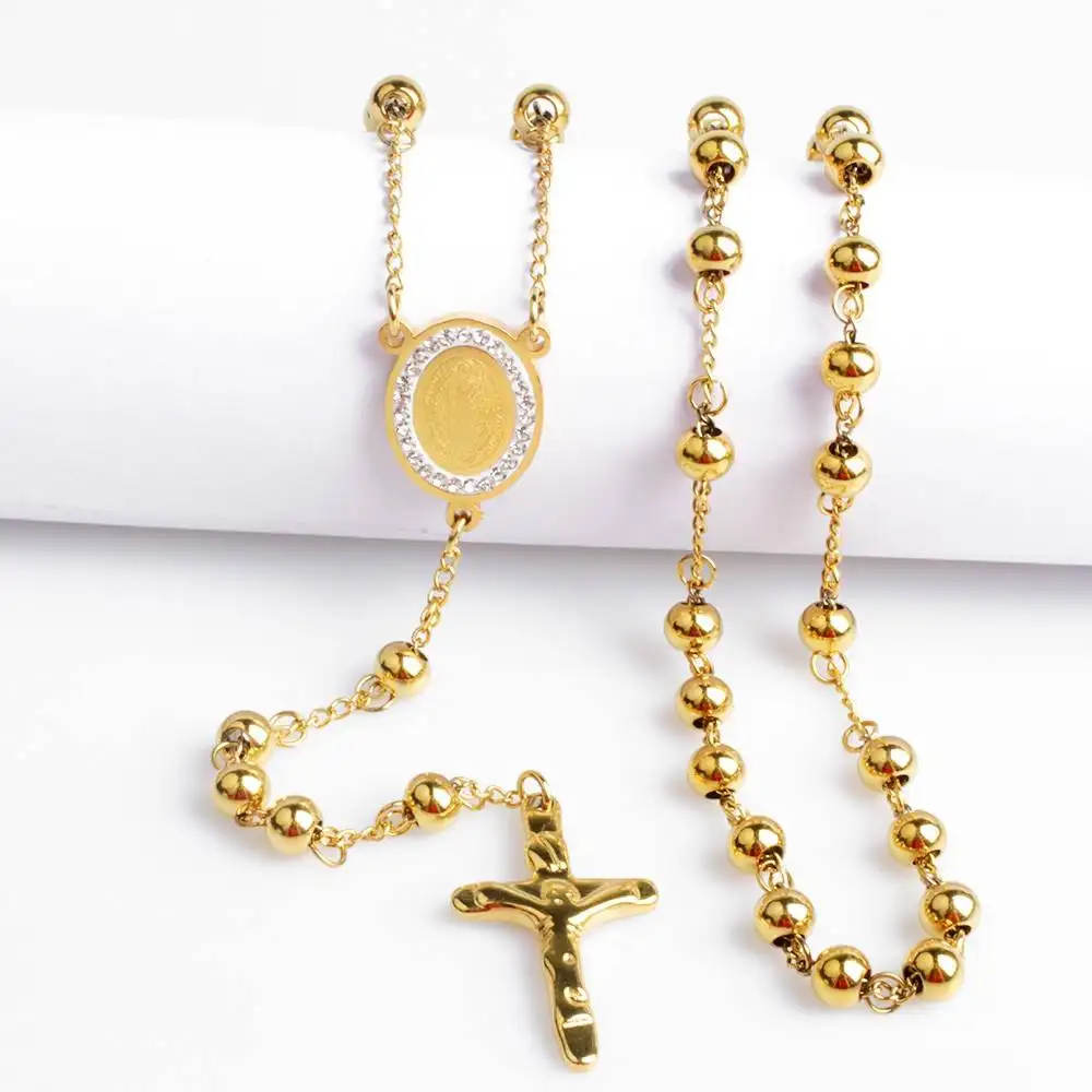 Religious Long Prayer Beads Stainless Steel Gold Plated Virgin Mary Pendant Cross Catholic Rosary Necklace