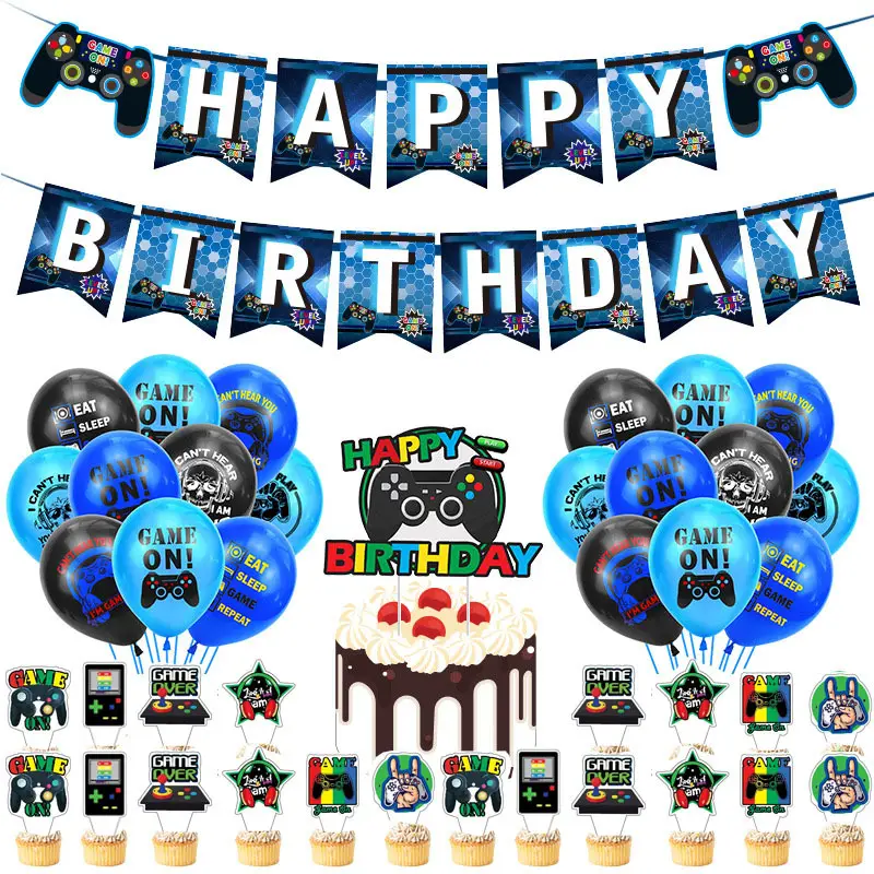LUCKY Blue Style Boys Game On Theme Cartoon Party Set Tableware Banner Birthday Balloons Child Shower Party Decoration