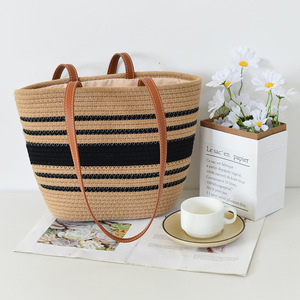 Woven Women's Tote Bag Striped Design PU Handle Large Capacity Everyday Use - Product Image 3