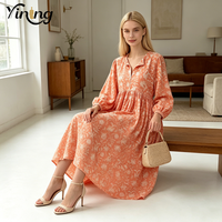 Fabrication OEM Robe midi coupe trapèze à taille haute, col à revers, manches lanternes, imprimé floral orange, vente en gros d'usine