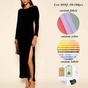 Abito Midi Elegante <span class=keywords><strong>Nero</strong></span> Liscio da Donna <span class=keywords><strong>con</strong></span> Spacco Alto e Maniche Lunghe, Design Personalizzato <span class=keywords><strong>con</strong></span> Schiena Scoperta - Il Più Venduto dai Fornitori - Product Image 1