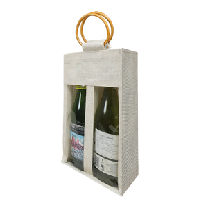 Bolsa para DOS botellas de vino con ventana, asa de palma, tela de yute teñida, PVC con efecto acuarela, diseño geométrico vintage, unisex, abierta, 1000 unidades - Product Image 5