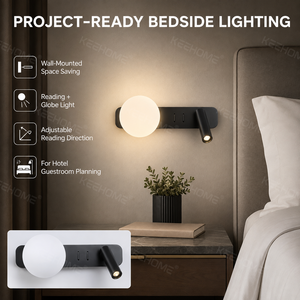 <span class=keywords><strong>Applique</strong></span> <span class=keywords><strong>murale</strong></span> moderne pour hôtel avec lampe de lecture réglable 3W, globe en verre de 120 mm et double interrupteurs BJB pour projets hôteliers - Product Image 6