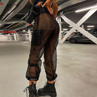 Pantalon cargo à taille haute en maille transparente personnalisé, pantalon ample pour femmes, pantalon de survêtement transparent à patchwork, pantalon en gaze à fermeture éclair pour femme