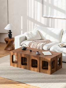 Square Solid Wood Coffee Table Wabi-Sabi Inspired 360 <b>Rotation</b> Ornamentation Deep Texture Cutout Design Home Hotels - Product Image 1