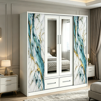Armoire de chambre à coucher moderne blanche à 4 portes coulissantes, armoire à vêtements en acier avec miroir et étagère