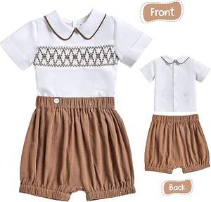 Garçon baptême baptême garçons mariage lin tenue nouveau-né infantile église tenues été à manches courtes smocké bébé - Product Image 5