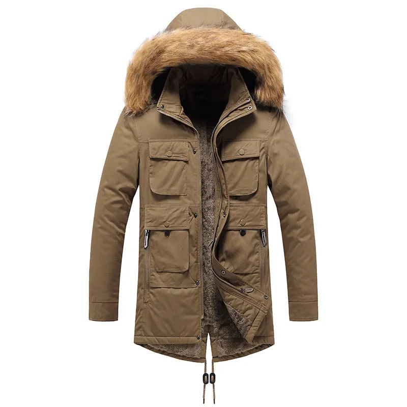 Mens Winter Parka Winter Coats with Man-made Fur Hood Brim Classic 6 Pockets Mid-long Full Zip Warm Outerwear Coat